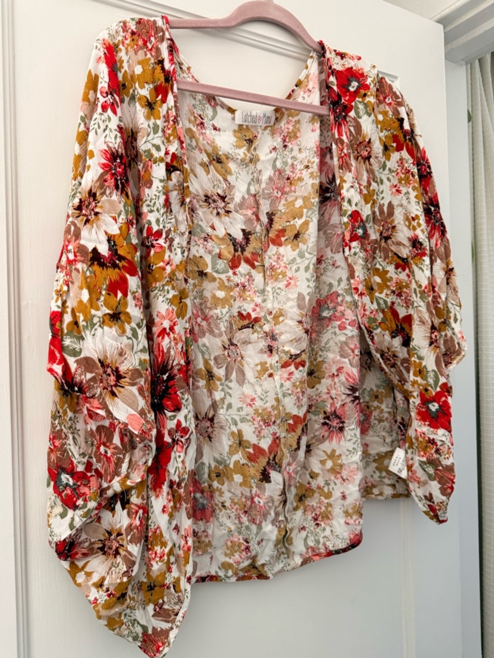 Latched Mama Floral Open-Front Kimono Cardigan - Red, Brown, Cream, Green